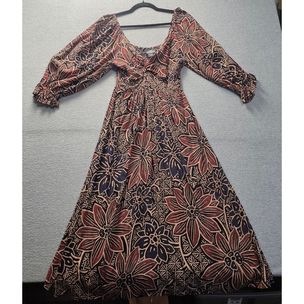 Angie Maxi Dress Womens Small Rust Floral Boho Puff Sleeve Empire Waist Festival